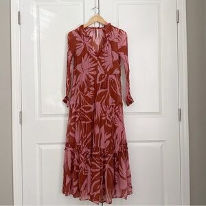 Anthropologie Marais Midaxi Maxi Midi Tiered Dress Printed Chiffon Orange